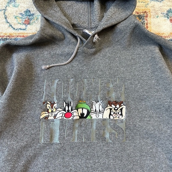 Vintage Looney Tunes Spellout Pullover Fleece Hoodie Large - Picture 4 of 6